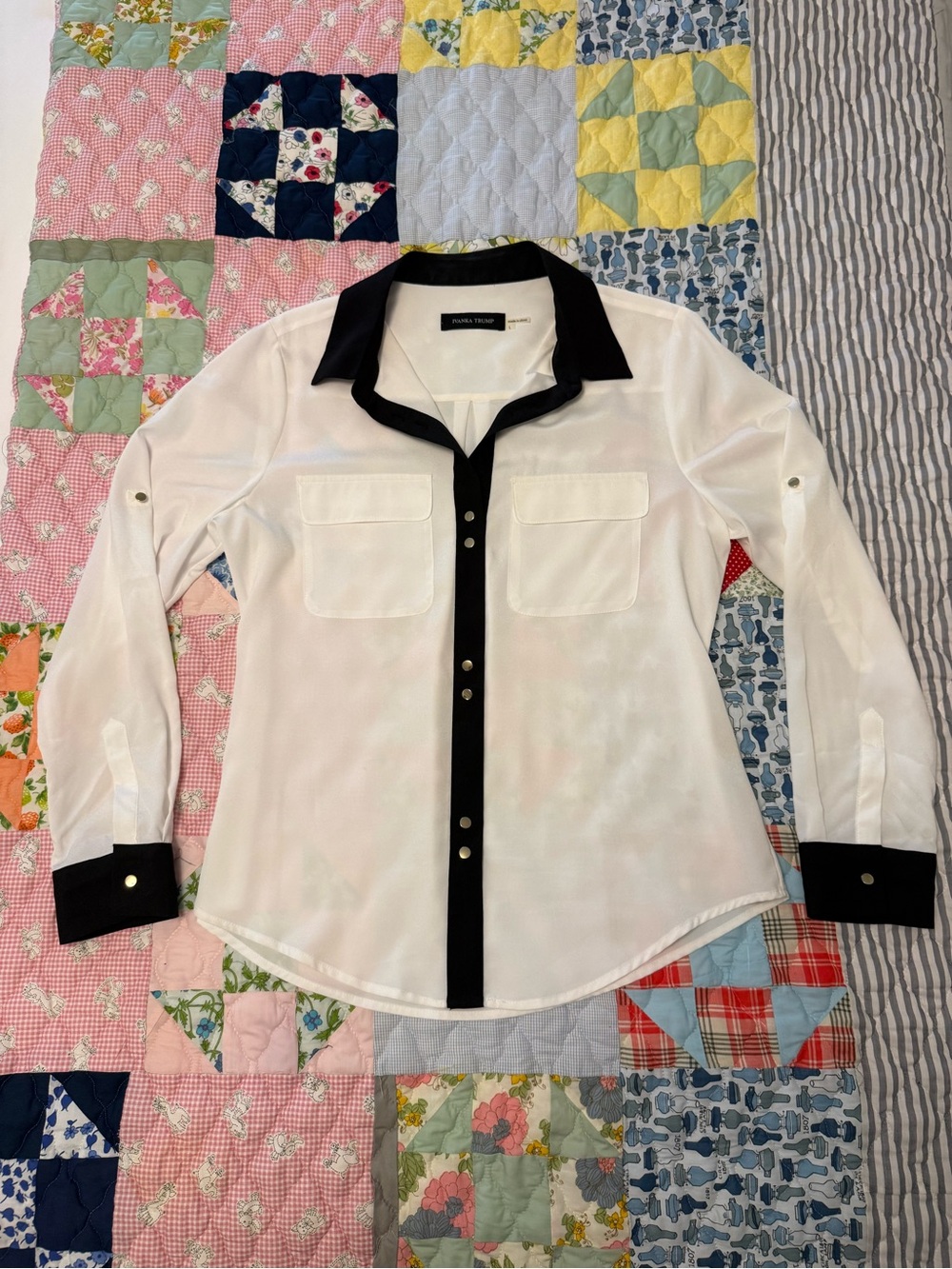 White Blouse with Black Trim Collar & Placket
